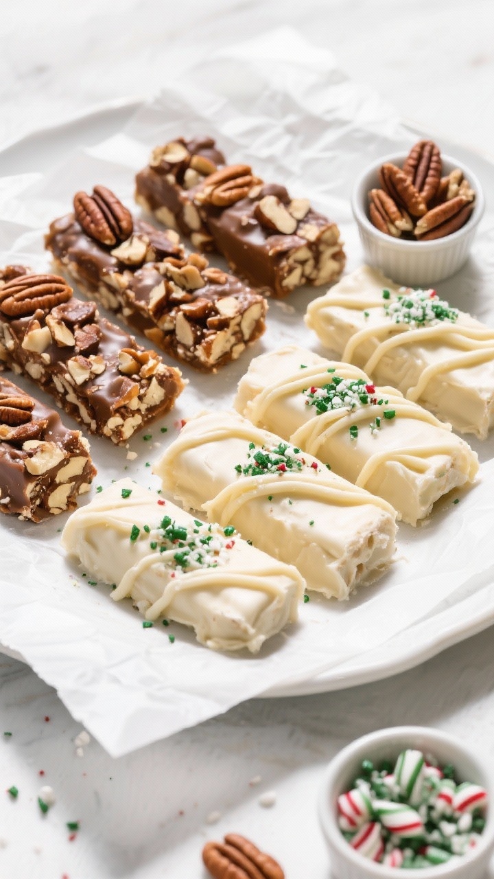 Tasty top view: Top-down platter shot of assorted divinity: half with chopped pecans folded in, half