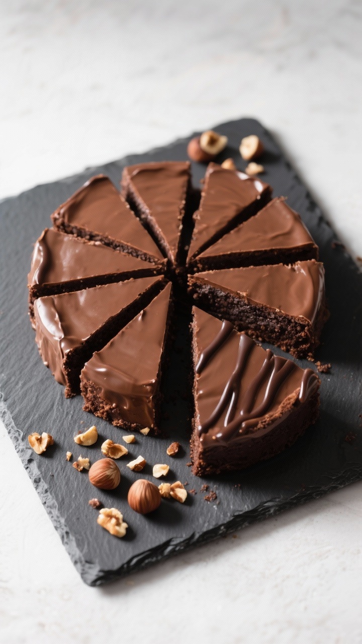 Tasty top view: Top-down shot of the whole cake on a slate board, cleanly sliced into even wedges sh