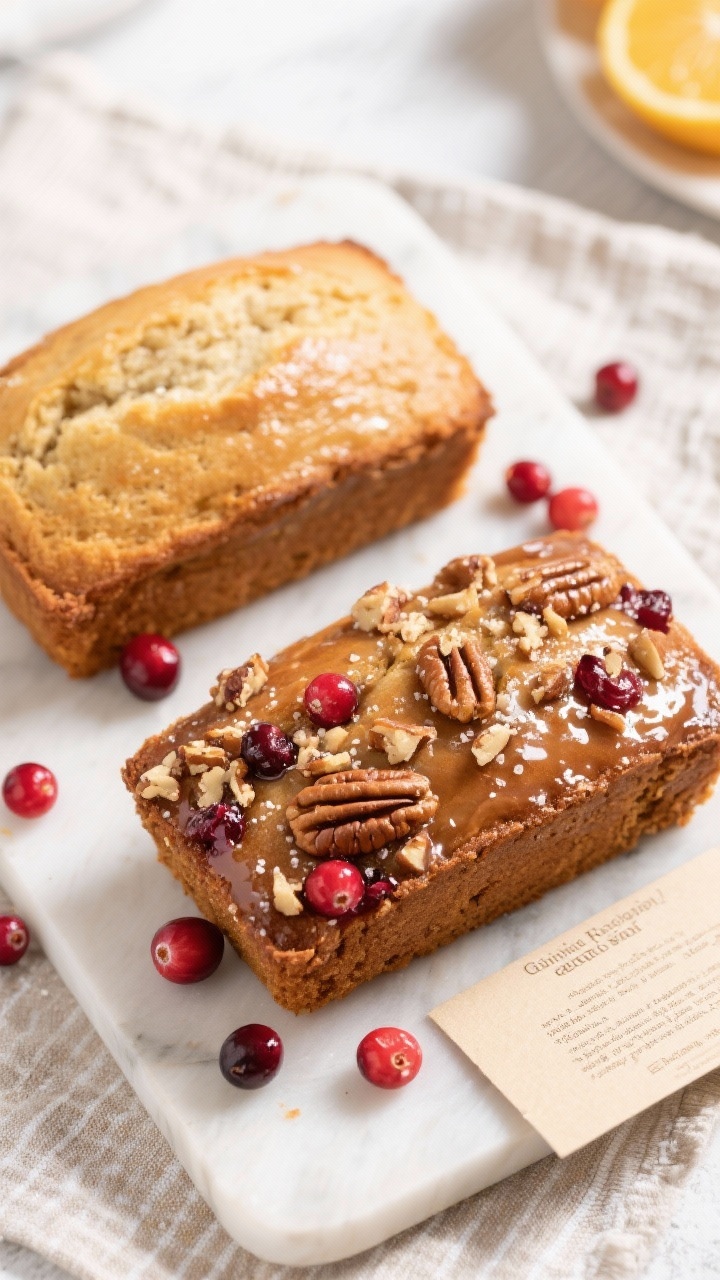 Tasty top view (variation options): Two mini loaves side by side on a linen-lined board, one plain a