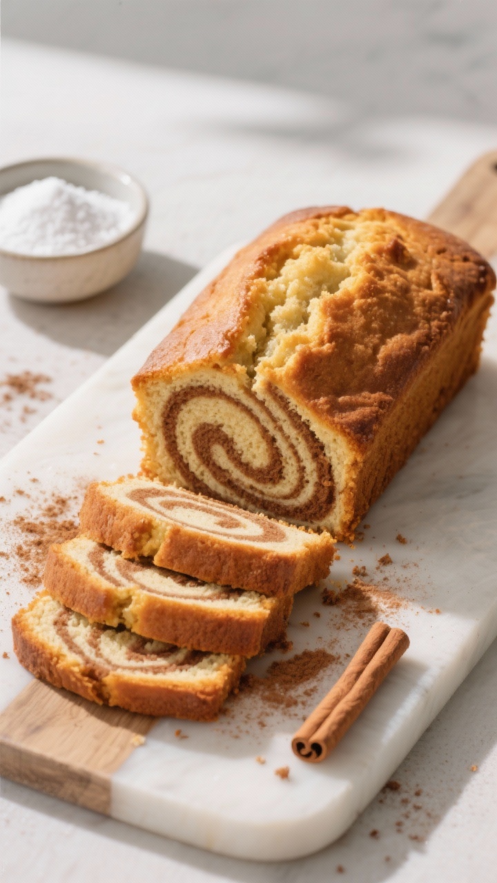 Tasty top view variation: Overhead shot of a Cinnamon Swirl keto pound cake variation, loaf sliced t
