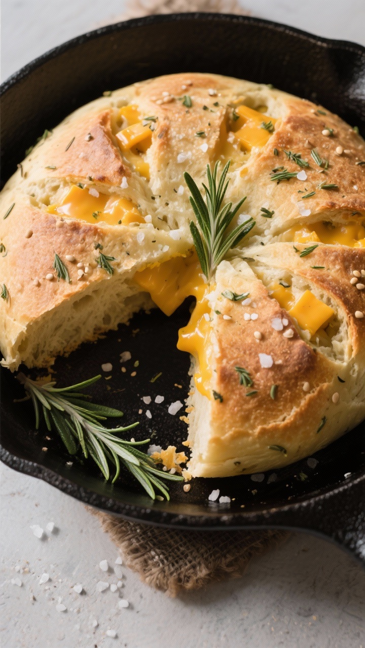 Tasty top view variation: Overhead shot of the Herb & Cheddar version—round loaf with melted sharp
