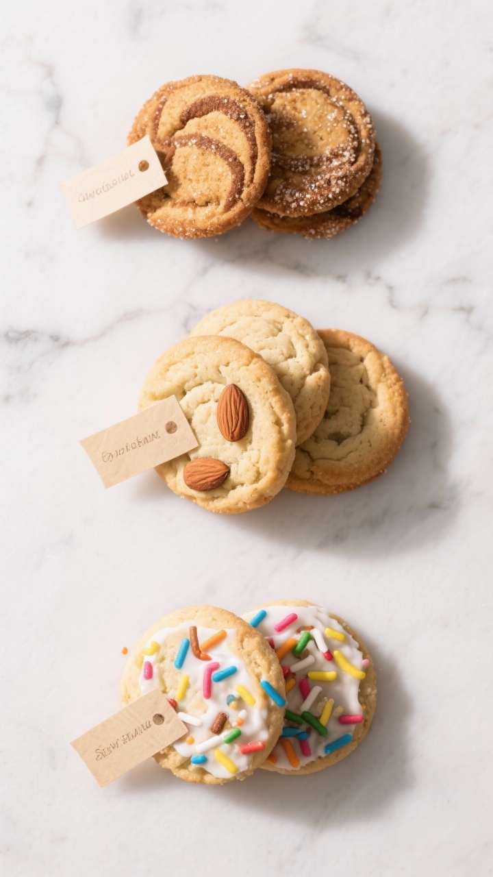 Tasty top view (variation showcase): Overhead trio of cookie variations arranged in neat clusters—