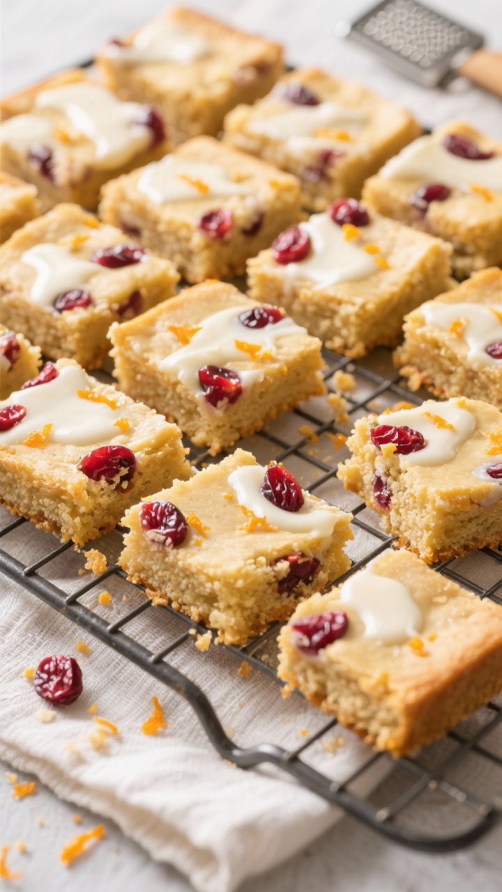 Tasty top view: White Chocolate Cranberry Blondies on a cooling rack, overhead shot of a grid of blo