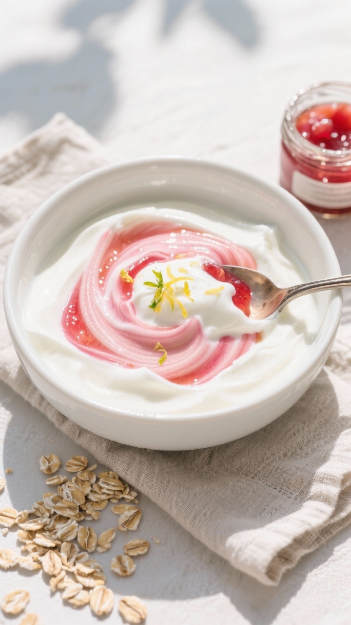 Tasty top view — yogurt parfait with compote: Overhead shot of a thick swirl of rhubarb compote sp