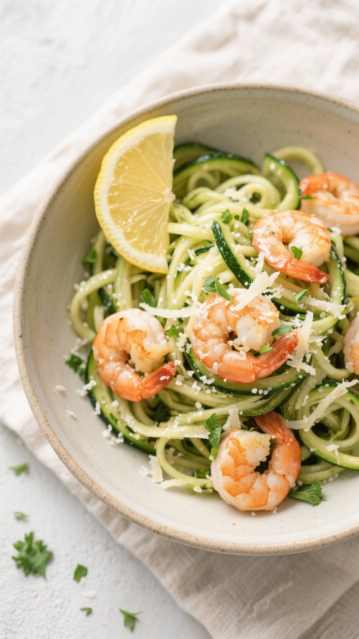 Tasty top view: Zucchini noodle bowl finished with shrimp, Parmesan, and lemon—overhead shot showi