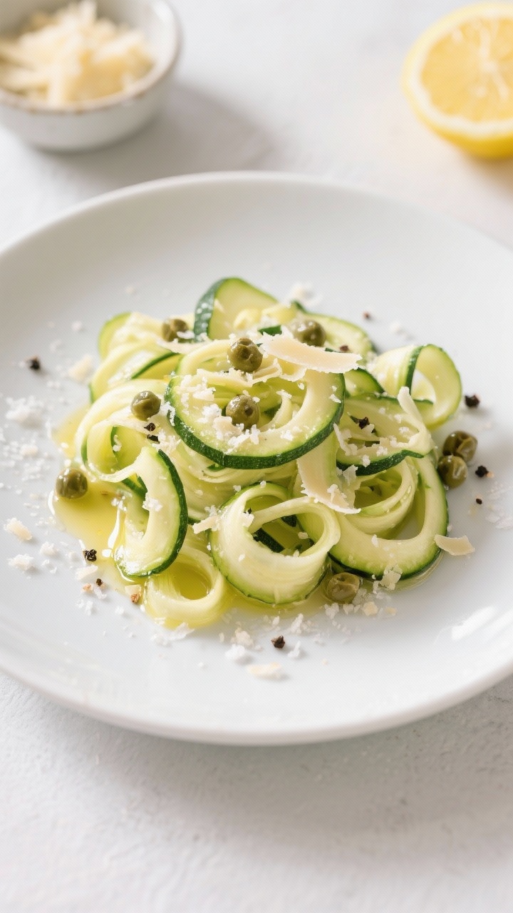 Tasty top view: Zucchini Ribbon Salad arranged in loose curls on a matte white plate, glistening wit