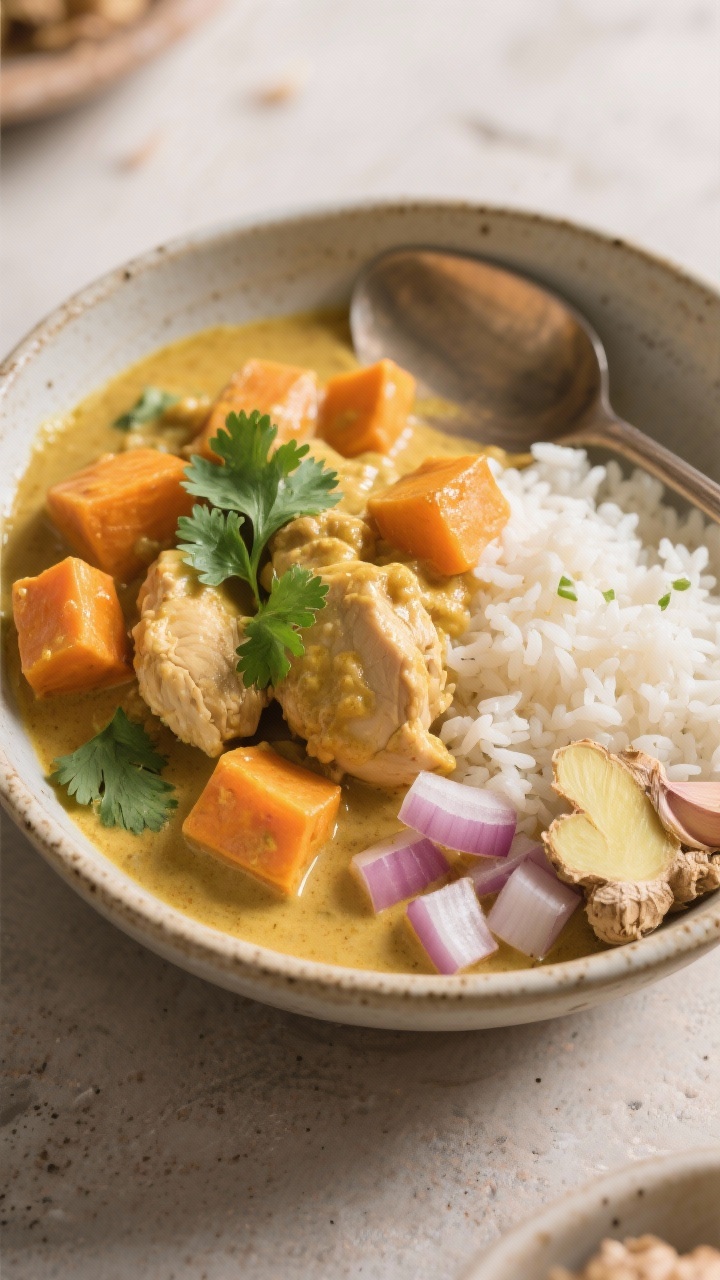 45-degree angle, creamy coconut curry chicken and rice with sweet potato: tender cubes of chicken and orange sweet potato in a golden coconut curry sauce, jasmine rice nestled alongside, diced onion, minced garlic, fresh grated ginger aromatics visible, cilantro leaves scattered, served in a shallow stoneware bowl with a spoon, warm, inviting light.