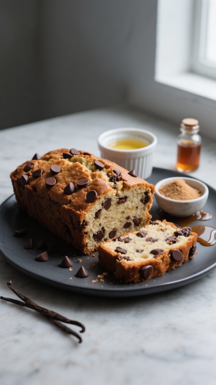 45-degree angle plated presentation: Chocolate chip banana bread loaf on a matte charcoal platter, studded with melty dark chocolate chips yet still looking breakfast-friendly. Show ingredients as styling cues: a ramekin of melted coconut oil, a small bowl of coconut sugar/date sugar, a drizzle of maple syrup, and a vial of vanilla. Slice partially through to reveal gooey chips against a tender crumb; natural window light, cool-toned backdrop for contrast, clean modern styling emphasizing balance and not-too-sweet vibes.