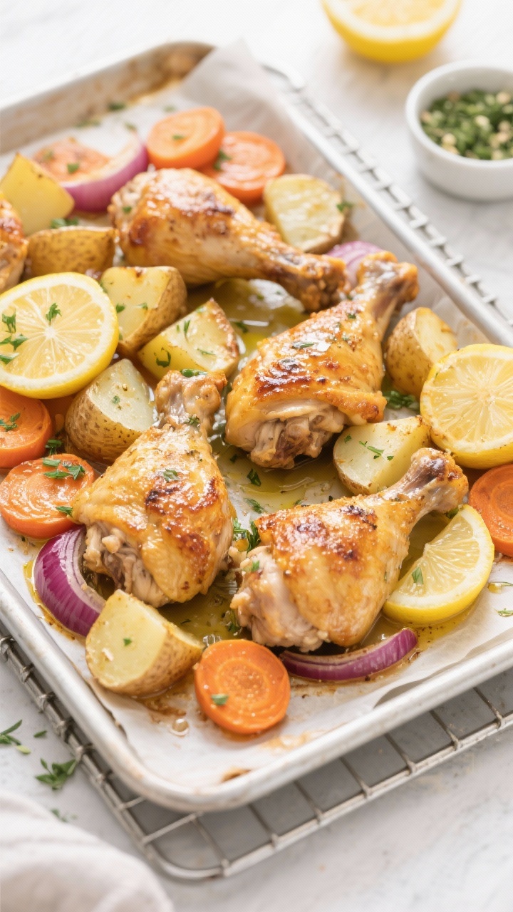 45-degree angle sheet-pan dinner fresh from the oven: golden, crispy-skinned bone-in chicken thighs nestled among 1-inch potato chunks, 1/2-inch carrot coins, and wedges of red onion; lemon slices and scattered chopped herbs glistening; light olive oil sheen and caramelized edges; set on a parchment-lined rimmed tray over a stainless rack; background includes cut lemon halves and a small bowl of herb mixture; bright, family-friendly, one-pan simplicity.