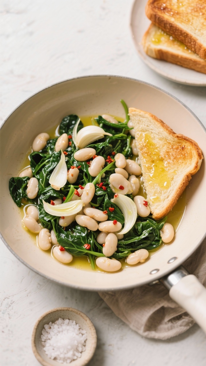 45-degree angle skillet scene: garlicky white beans and spinach in a shallow, light-colored pan; thinly sliced garlic and a pinch of red pepper flakes shimmering in olive oil, creamy cannellini beans nestled with wilted spinach, splash of low-sodium broth reducing to a glossy sauce; served alongside thick, golden toast slices brushed with olive oil; minimal table setting with a small dish of flake salt; cozy weeknight speed-meal mood.