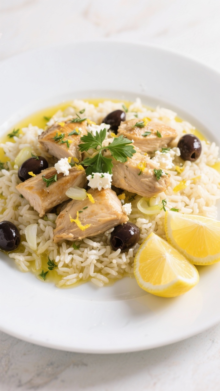 Bright Mediterranean plated shot, overhead: Greek lemon chicken and rice—juicy cubed chicken thighs over lemony long-grain rice, flecked with finely chopped onion and minced garlic, lemon zest and generous fresh lemon juice, oregano, crumbled feta, Kalamata olives, and parsley, a light olive oil drizzle, lemon rounds on the side on a white plate.
