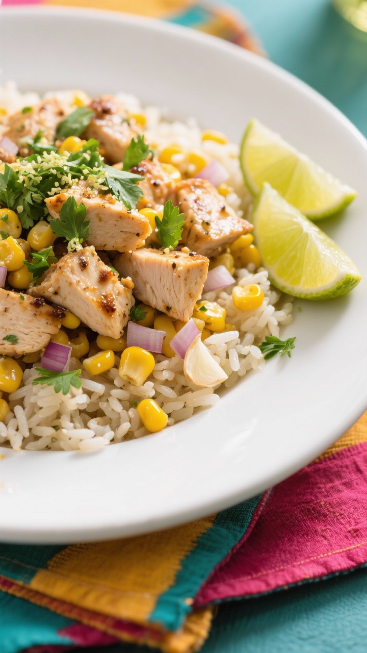Bright, taco-night inspired plated shot at 45 degrees: cilantro-lime chicken and rice with corn piled in a wide white bowl—juicy cubed chicken, fluffy long-grain rice, sweet yellow corn kernels, diced onion and minced garlic, hints of ground cumin, chopped fresh cilantro and lime zest on top, lime wedges on the side, glossy olive oil finish, on a colorful napkin.