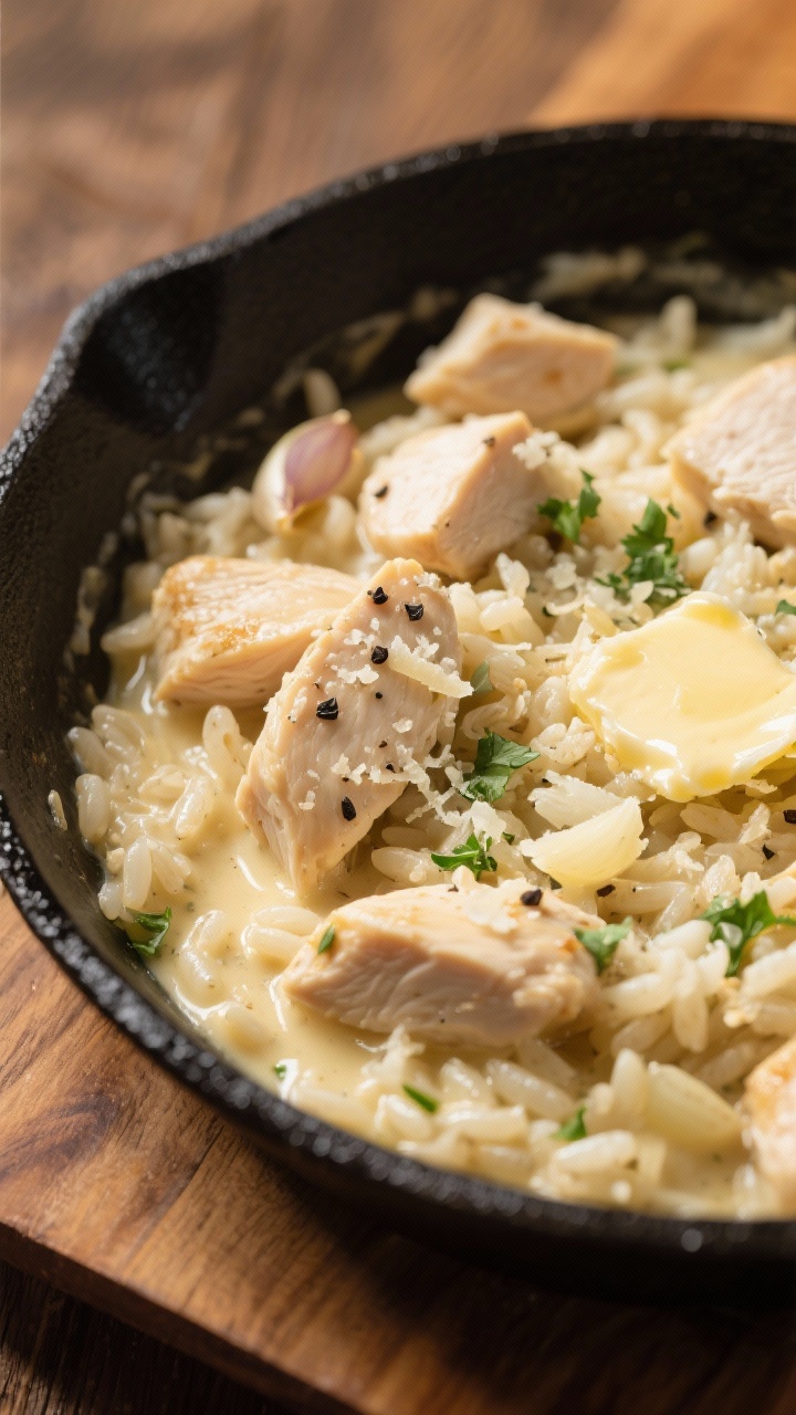 Close-up, 45-degree angle of creamy garlic Parmesan skillet chicken and rice: tender cubed chicken breast and arborio rice swirled in a silky, pale-golden sauce with melted Parmesan sheen, flecks of minced garlic and finely chopped shallot, butter pooling lightly at the edges, cracked black pepper and a sprinkle of parsley, in a black cast-iron skillet on a warm wood board.