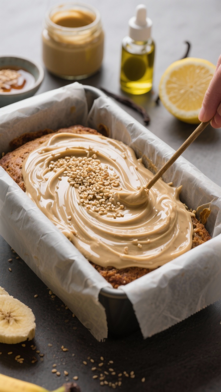 Close-up process shot: Tahini-swirled banana bread batter in a parchment-lined loaf pan, dramatic marbling as glossy light tahini is swirled through with a skewer, sesame crunch sprinkled on top. Surround with key ingredients: well-stirred tahini jar, a small bowl of maple syrup, olive oil dish, vanilla extract dropper, lemon halves with visible juice. Tight focus on the swirl and sesame texture, shallow depth of field, moody neutral backdrop to make the creamy beige and golden tones pop.