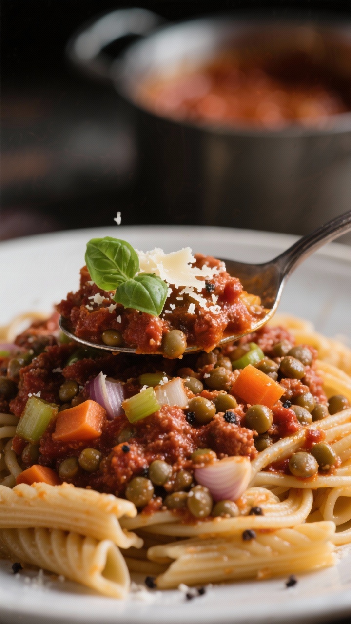 Close-up, straight-on shot of hearty lentil bolognese spooned over whole-wheat pasta: saucy, brick-red lentil ragù clinging to ridged noodles; visible fine dice of onion, carrot, celery, and garlic; olive oil gloss and a crack of black pepper; garnished with a single basil leaf and a light snowfall of grated hard cheese (optional look); warm, moody light emphasizing chunky texture and savory depth; shallow depth of field with a blurred pot of sauce in the background.