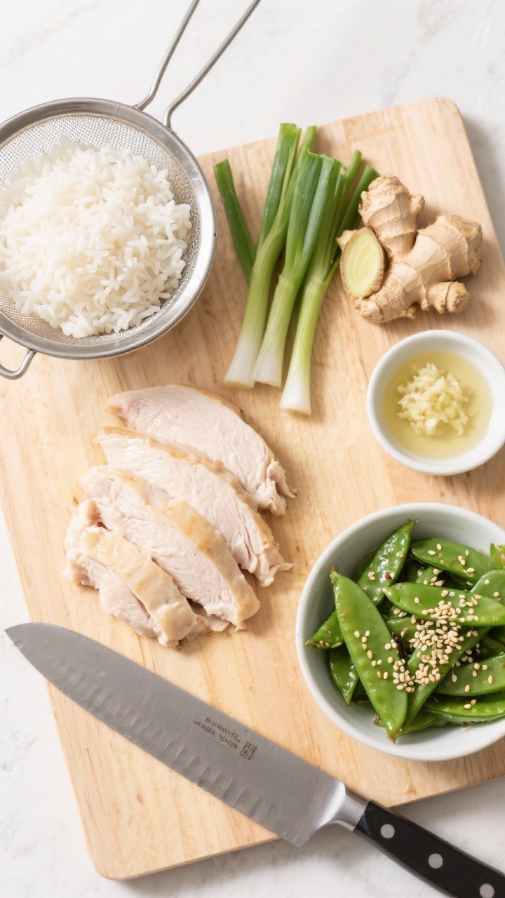 Ingredient prep flat lay for ginger-scallion chicken and rice: thinly sliced chicken breast, rinsed jasmine rice in a sieve, sliced scallion whites and reserved greens, minced ginger, neutral oil in a small dish, and a bowl of crisp sesame snap peas sprinkled with toasted sesame seeds; arranged neatly on a light wood board with a chef’s knife, bright, clean light.