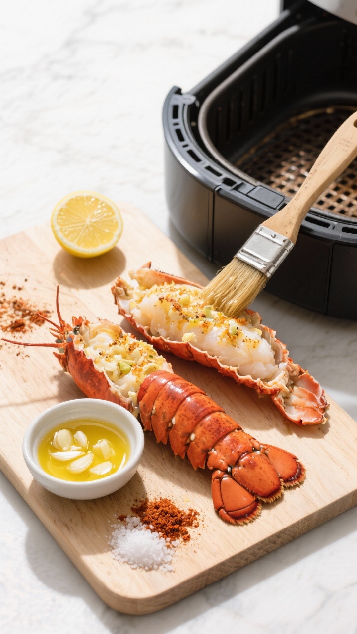 Overhead ingredient-to-appliance scene for air fryer lobster tails: two thawed tails on a board next to a small bowl of melted butter mixed with minced garlic, lemon juice, Old Bay or paprika, and kosher salt; a brush mid-drip over a tail, ready to go into an open air fryer basket beside them; a lemon half and a pinch of seasoning scattered for color; bright, crisp light for a foolproof, easy-at-home feel.