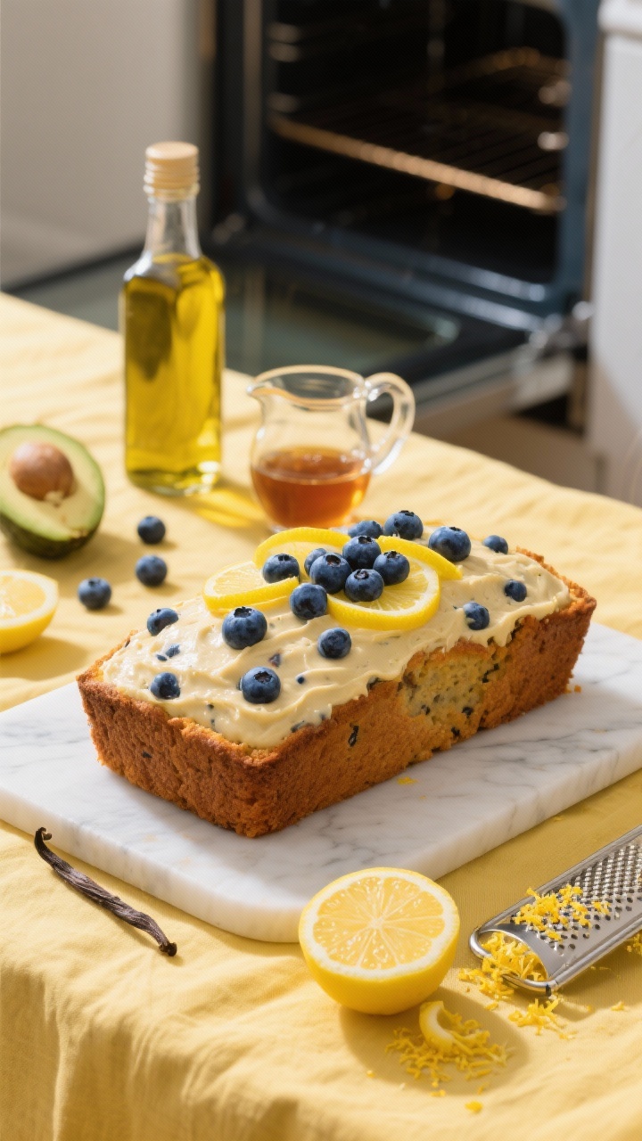 Overhead ingredient-to-oven scene: Blueberry lemon banana bread just before baking—batter speckled with fresh blueberries, topped with extra berries and vibrant lemon zest ribbons. Include nearby elements: avocado oil bottle, small pitcher of maple syrup, vanilla vial, two zested lemons with a microplane showing fine zest. Bright, sunlit styling to match “tastes like sunshine,” on a white marble surface with a yellow linen, clean and cheerful palette of blues, yellows, and pale golds.