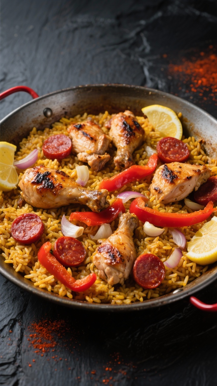 Overhead paella-style scene of smoky Spanish chicken and chorizo rice: ruby coins of Spanish chorizo and seared chicken thigh chunks studding saffron-tinted medium-grain rice, ribbons of red bell pepper, chopped onion and garlic peeking through, paprika-dusted surface with a few charred bits, lemon wedges at the rim, in a wide shallow pan on a dark slate backdrop.