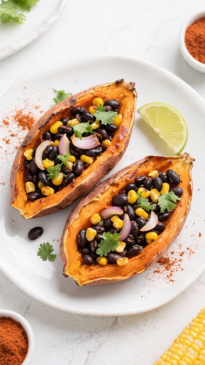 Overhead plated presentation of Southwest black bean stuffed sweet potatoes: roasted sweet potatoes split open and fluffed, generously filled with black beans, sweet corn kernels, sautéed onion, and garlic; dusted with chili powder and cumin, with a squeeze of lime and sprinkle of chopped cilantro; vibrant orange, black, and yellow color contrast on a white ceramic plate; small bowls of chili powder and corn at the edges; clean, bright Southwestern feel.