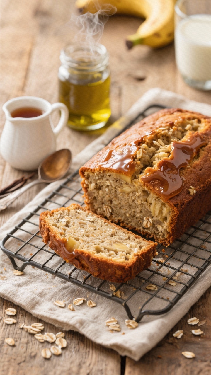 Overhead shot: A freshly baked cozy classic banana bread on a cooling rack, one thick slice cut to show moist crumb with visible oats, brushed with a glossy maple syrup sheen. Include props: a small pitcher of pure maple syrup, a jar of extra-virgin olive oil, a spoon with vanilla extract, and a glass of unsweetened plant-based milk. Warm, cozy morning light on a rustic wooden surface; soft beige linen, minimal crumbs, steam gently rising, professional food styling that highlights the mashed ripe bananas and oat-flecked texture.