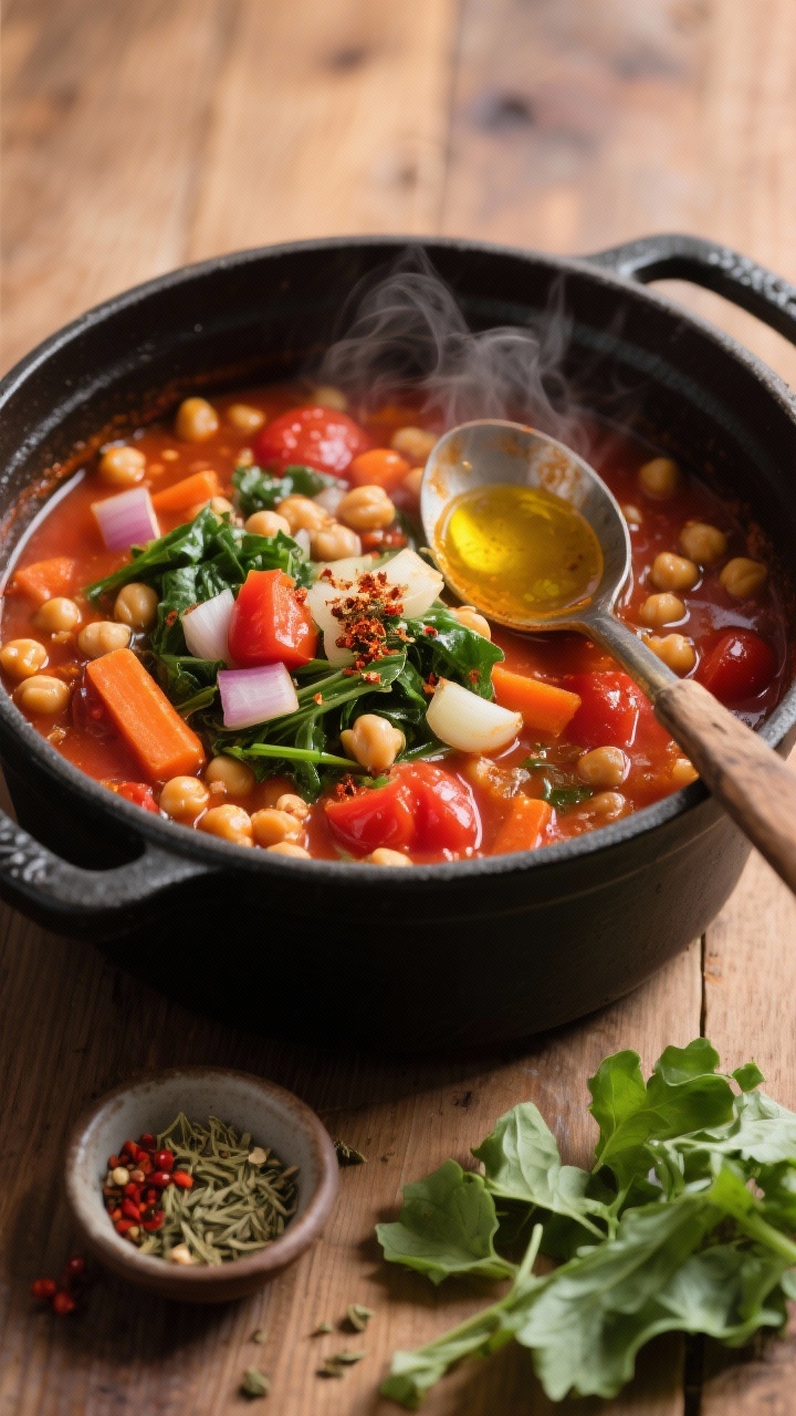 Overhead shot of a cozy chickpea tomato stew simmering in a matte black Dutch oven: glossy tomato broth with diced onions, garlic, carrots, tender chickpeas, wilted greens, and visible flecks of cumin, smoked paprika, dried oregano, and crushed red pepper; a drizzle of olive oil shimmering on top; rustic ladle resting on the rim; styled on a warm wooden surface with a small pinch bowl of the spices and torn leafy greens scattered nearby; steam rising, rich reds and earthy oranges contrasting with deep green.