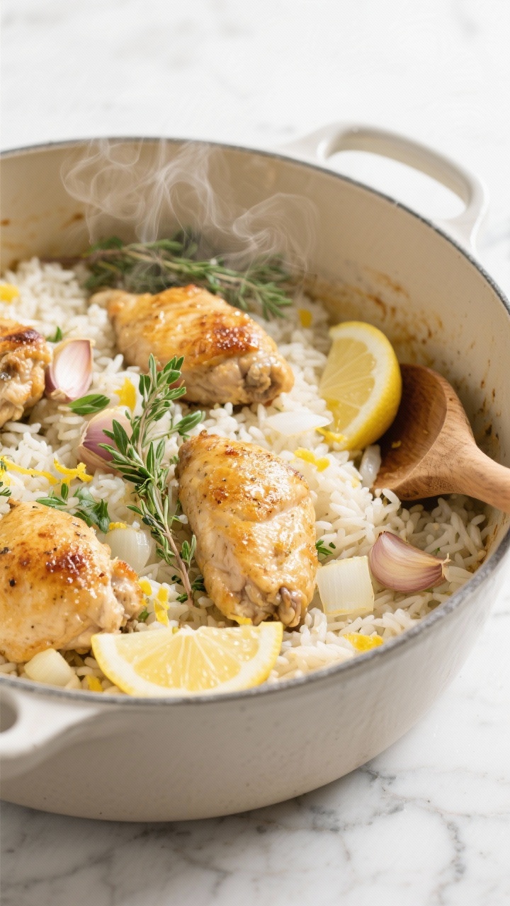 Overhead shot of a one-pot lemon herb chicken and rice just off the stove: golden-browned boneless chicken thigh chunks nestled in fluffy long-grain white rice, glossy from olive oil and butter, with finely chopped onion and visible slices of garlic cloves, lemon zest and wedges scattered, fresh parsley and thyme sprigs on top, steam rising, in a light enamel Dutch oven on a marble surface with a wooden spoon.