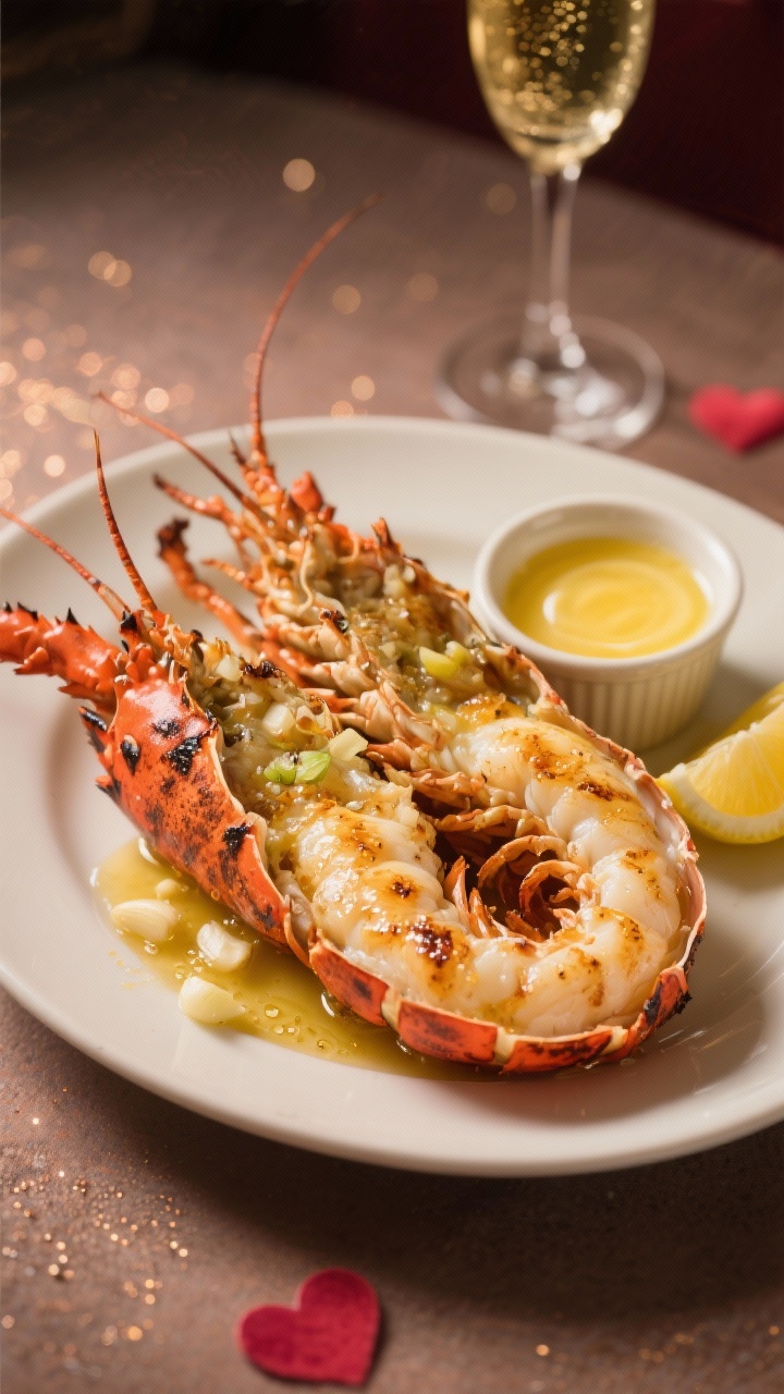 Overhead shot of broiled champagne lobster tails split and fanned out on the shell, glistening with classic garlic butter; visible chopped garlic and tiny bubbles from dry champagne reduction pooling in the shell; brushed, lightly charred edges from the broiler; served on a warm white platter with lemon wedges and a small ramekin of melted butter; moody Valentine’s ambiance with a soft sparkle from a champagne flute in the background; crisp highlights on the lobster meat, golden butter sheen, no people.