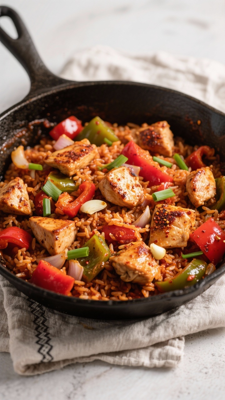 Overhead, weeknight jambalaya vibes: Cajun chicken and rice with bell peppers—bold red and green pepper chunks, seared cubes of chicken thighs, long-grain rice tinted brick-red with Cajun seasoning, glistening from olive oil and butter, chopped onion and garlic woven throughout, garnished with scallions, in a deep skillet on a textured linen.