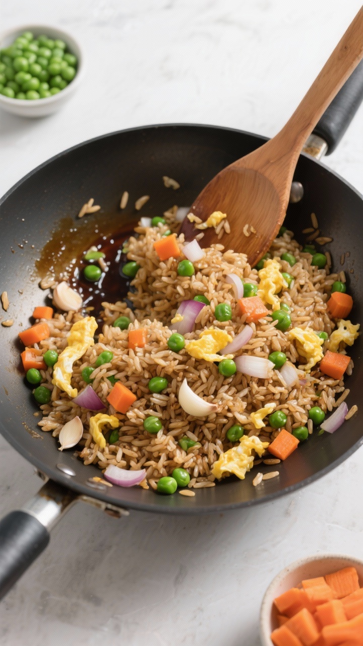 Overhead wok shot of veggie fried rice in the toss: day-old brown rice grains separated and glossy, finely chopped onion and tiny carrot dice, minced garlic, bright green peas, and scrambled egg ribbons folding through; a hint of neutral oil sheen; soy-sauce-tinted browns with pops of green and orange; wooden spatula mid-stir; minimal set with small bowls of peas and diced carrots on the side for a takeout-style vibe.