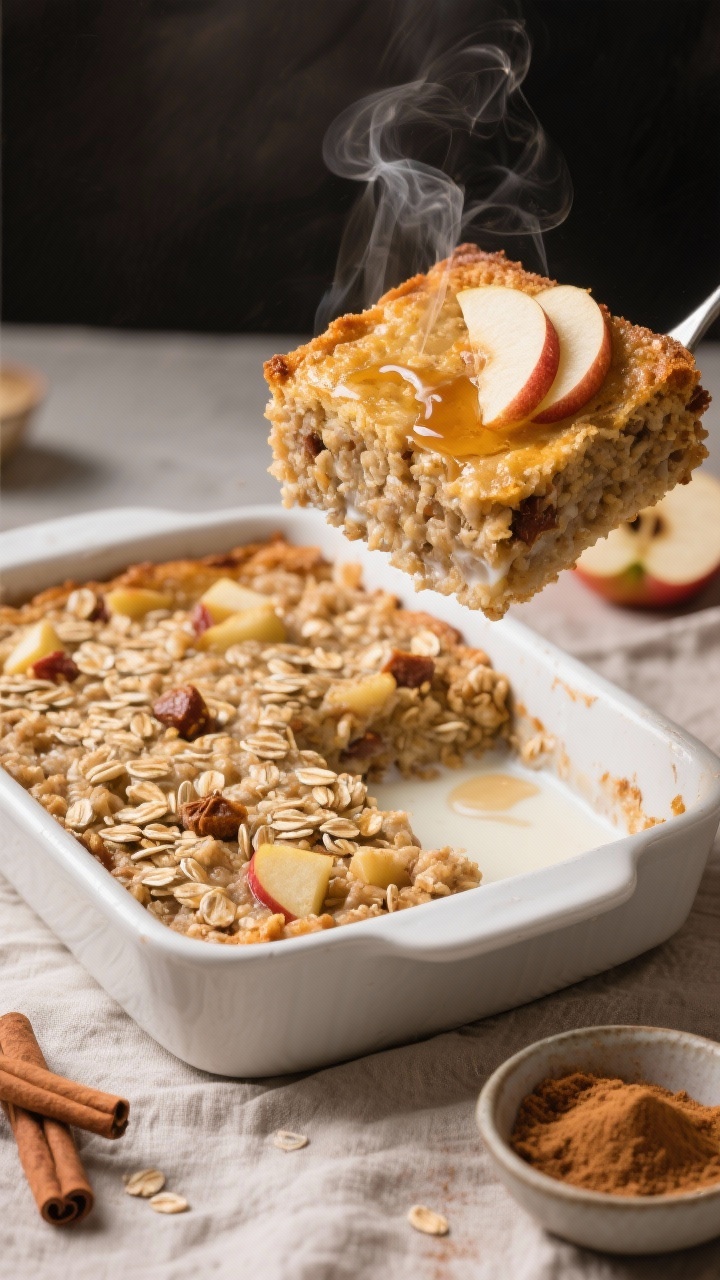 Straight-on, baking dish hero shot of apple cinnamon baked oatmeal: tightly packed rolled oats studded with apple chunks, cinnamon and nutmeg swirls, and toasty edges; milk-soaked interior just set with a golden top; square portion lifted to show moist crumb; faint steam rising; garnished with thin apple slices and a light drizzle of maple syrup; neutral linen and a small bowl of ground cinnamon nearby for a breakfast-meets-dessert appeal.