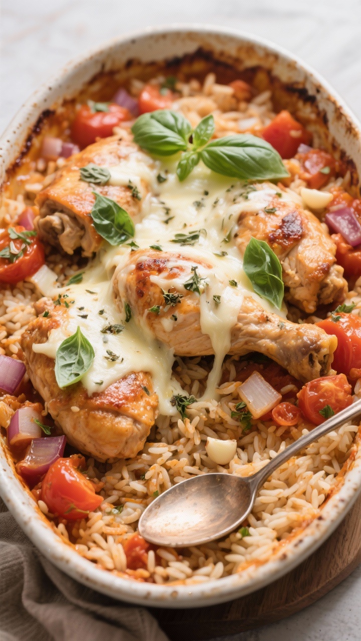 Straight-on, cozy casserole vibe for tomato basil chicken and rice: chunky chicken thighs and long-grain rice baked in a tomato-rich sauce, visible diced onion and minced garlic, speckled with dried basil and oregano, melted mozzarella-style cheese stretch on top with torn basil leaves, served in a rustic oval baking dish with a spoonful plated nearby.