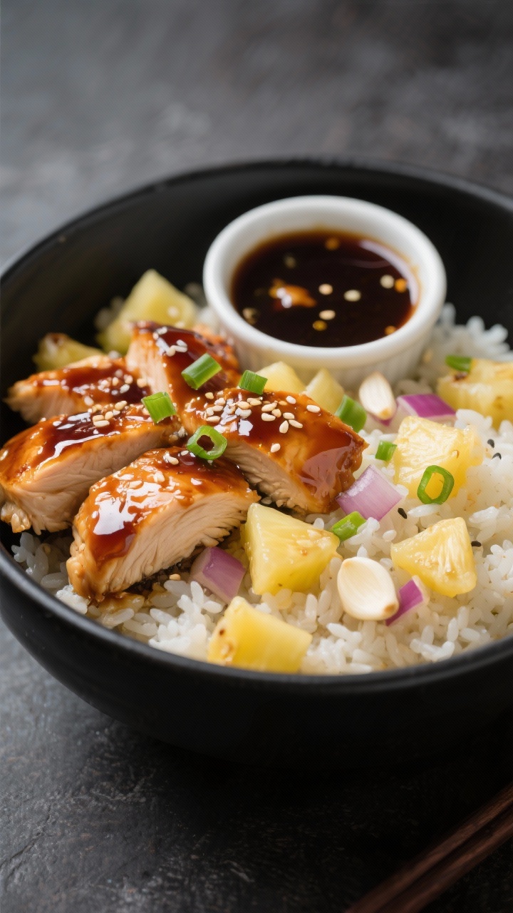 Straight-on, glossy teriyaki chicken and pineapple rice: bite-size chicken breast pieces lacquered in teriyaki sauce, jasmine rice studded with juicy pineapple chunks and diced onion, hints of minced garlic, sesame seeds and sliced scallions sprinkled on top, served in a black bowl with extra teriyaki in a small ramekin; vibrant, sweet-savory sheen.