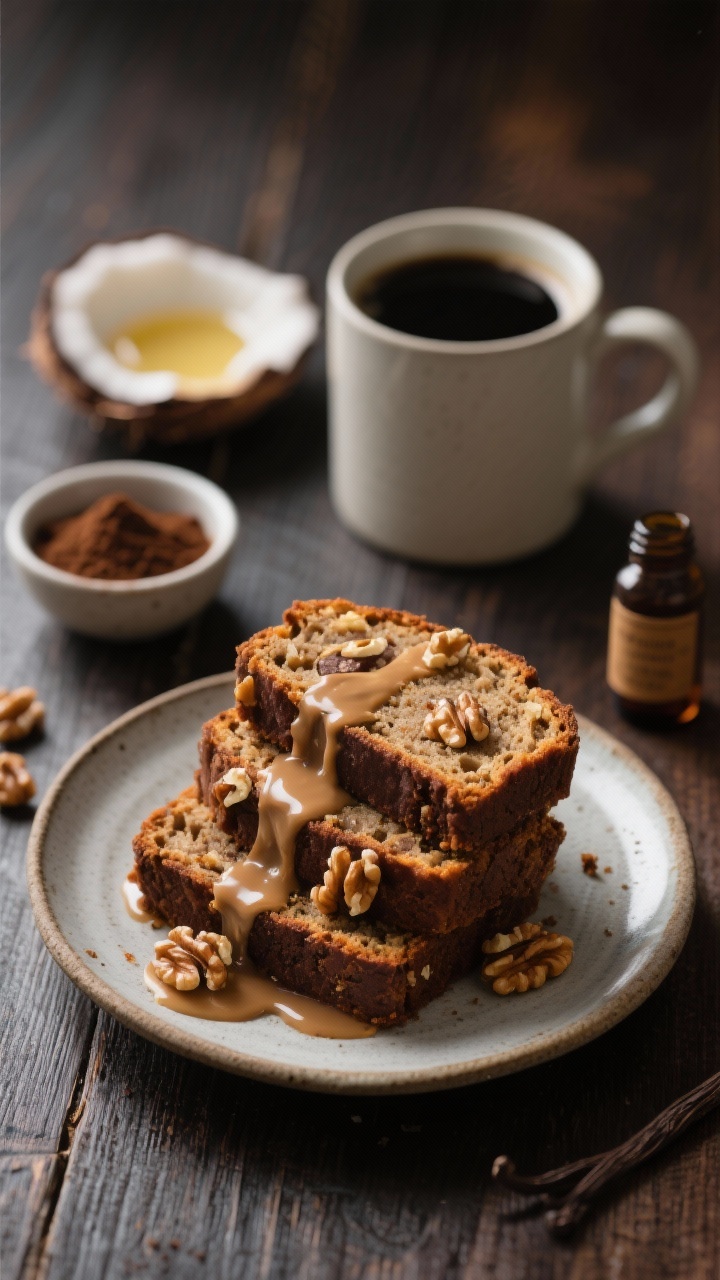Straight-on plated breakfast vignette: Espresso walnut banana bread slices stacked on a ceramic plate, visible walnut pieces and deep espresso-toned crumb, a light maple glaze drizzle pooling slightly. Include supporting props: a small bowl of instant espresso powder, a mug of black coffee in the background, a dish of melted coconut oil, and a tiny bottle of vanilla. Warm, sophisticated café mood with dark wood surface, soft side light, crisp highlights on the glaze, emphasizing rich aroma and grown-up elegance.