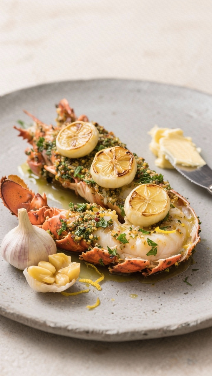 Straight-on plated presentation of herb-crusted lobster tails topped with roasted garlic compound butter medallions; the crust speckled with green herbs and Dijon, edges slightly crisp; whole roasted garlic head halved, golden cloves visible; a light lemon juice gloss on the meat with delicate zest sprinkled; served on a matte stone plate with a small knife for spreading extra compound butter; clean, elegant styling with soft neutral backdrop.