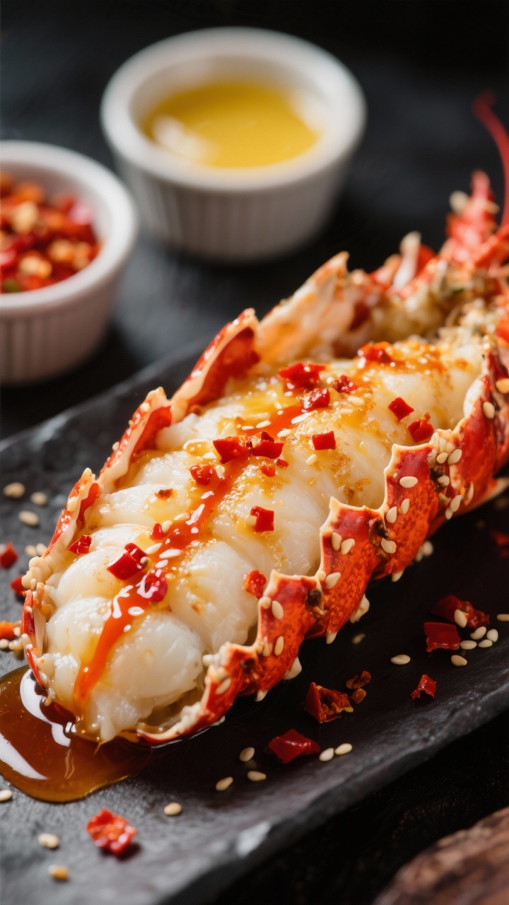 Tight close-up of spicy honey-garlic butter lobster tails brushed with chili crisp; glossy crimson chili crunch speckles and sesame-crisp texture contrasted against succulent white lobster meat; a thin drizzle of honey pooling along the shell ridge, with optional sriracha streaks for extra heat; small ramekins of chili crisp and melted butter in the background; vibrant, high-contrast lighting to emphasize the sticky-spicy sheen.