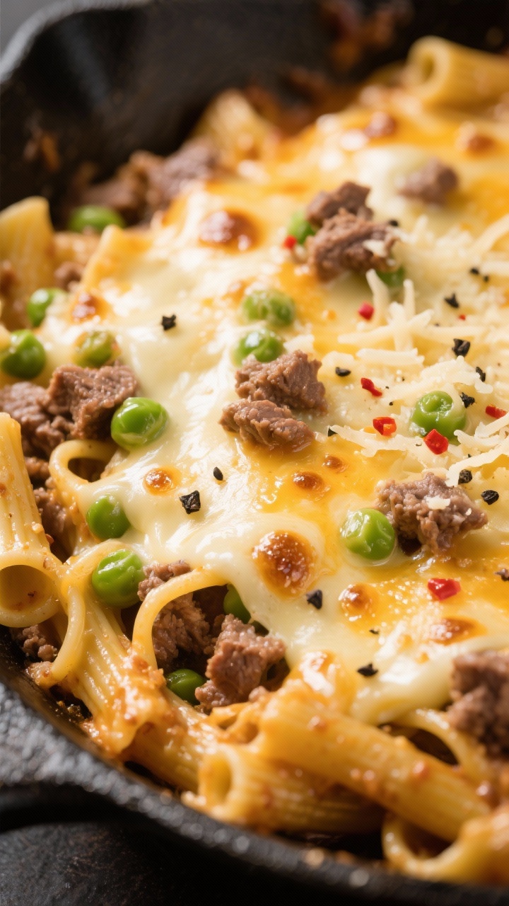 Cheesy finish close-up: Extreme close-up of the skillet right after mozzarella and Parmesan have mel