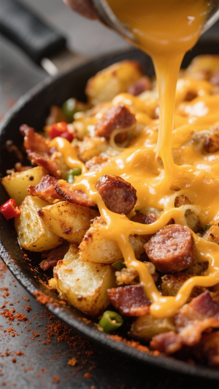 Close-up cheese melt moment: Macro side-angle of the hash right after cheese is sprinkled and partia