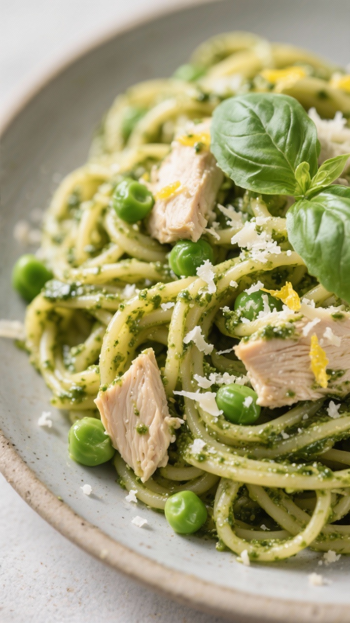 Close-up detail: 5-Minute Pesto Pasta with leftover chicken, tight macro shot of twirled noodles coa