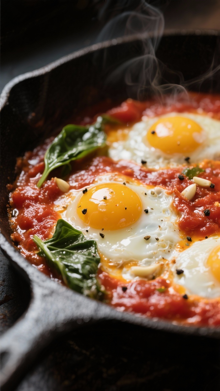 Close-up detail: 5-minute tomato skillet with eggs—bubbling canned tomato sauce shimmering with ol