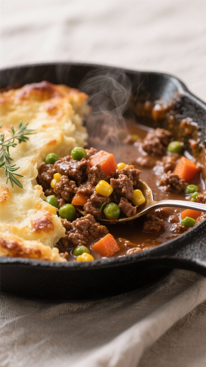 Close-up detail: A bubbling skillet of leftover ground beef shepherd’s pie filling right after thi