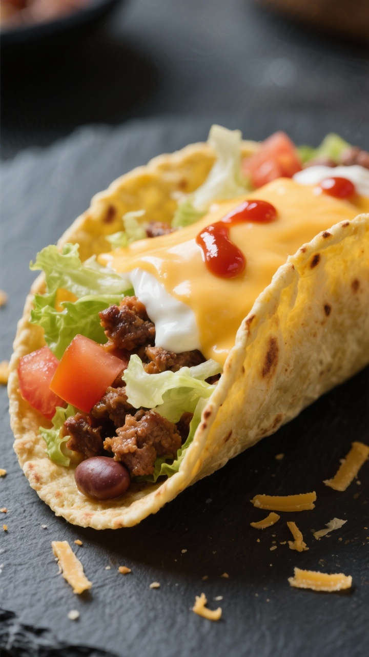 Close-up detail: A freshly assembled taco with meat-and-bean filling tucked into a pliable warm corn