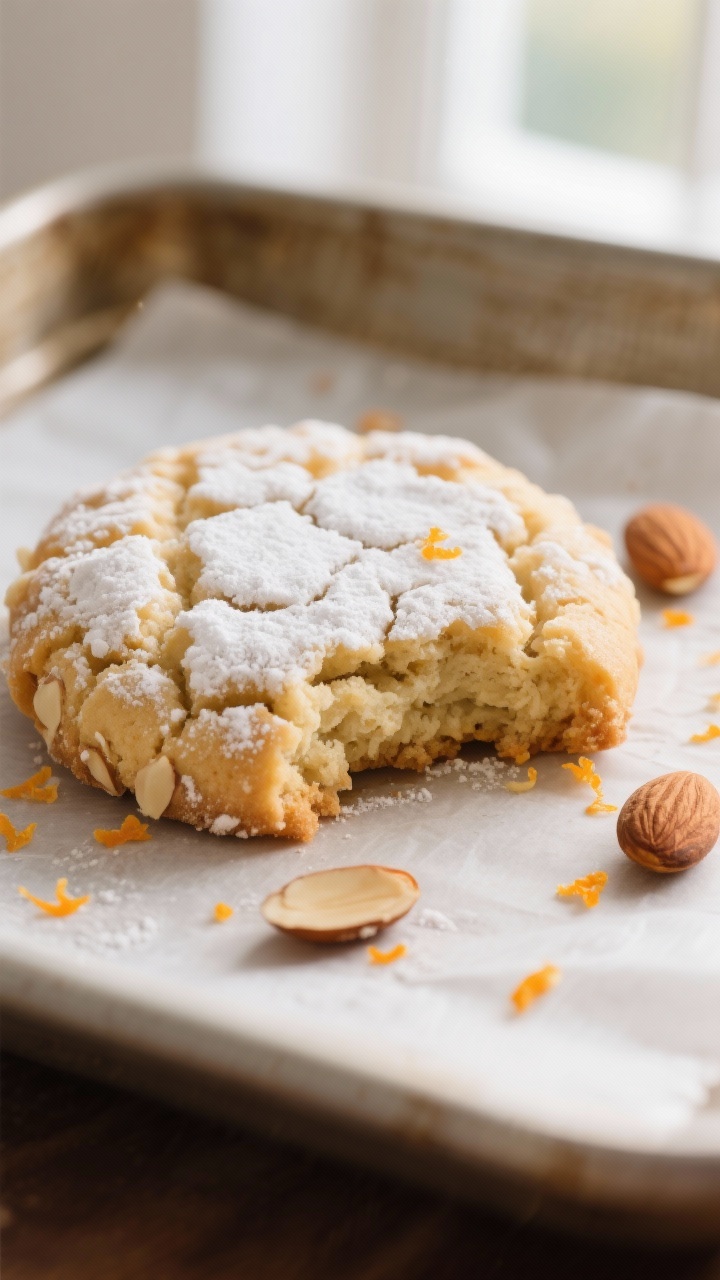 Close-up detail: A freshly baked almond–orange zest cookie just out of the oven, almond-coated sid
