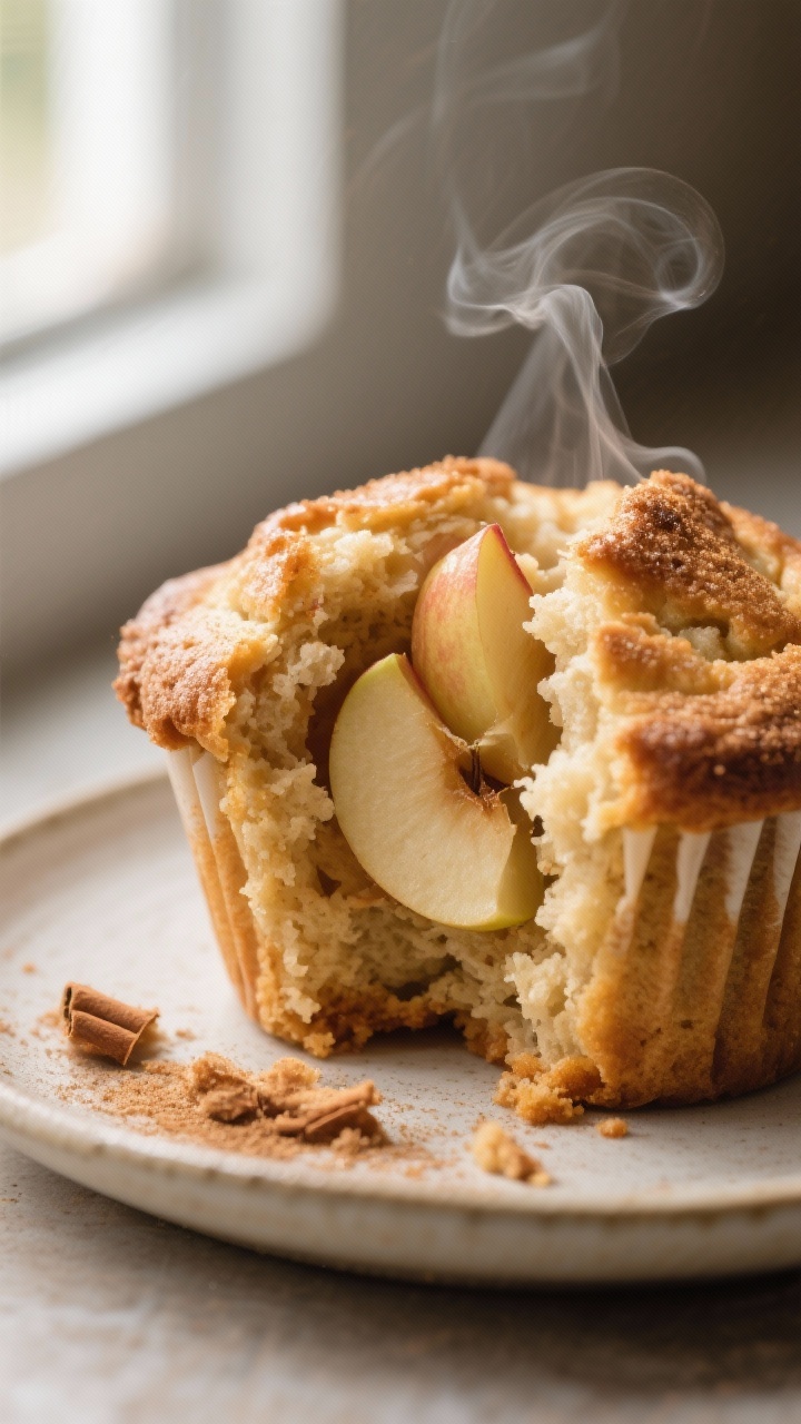 Close-up detail: A freshly baked apple pie muffin torn open to reveal a tender, moist crumb with jui