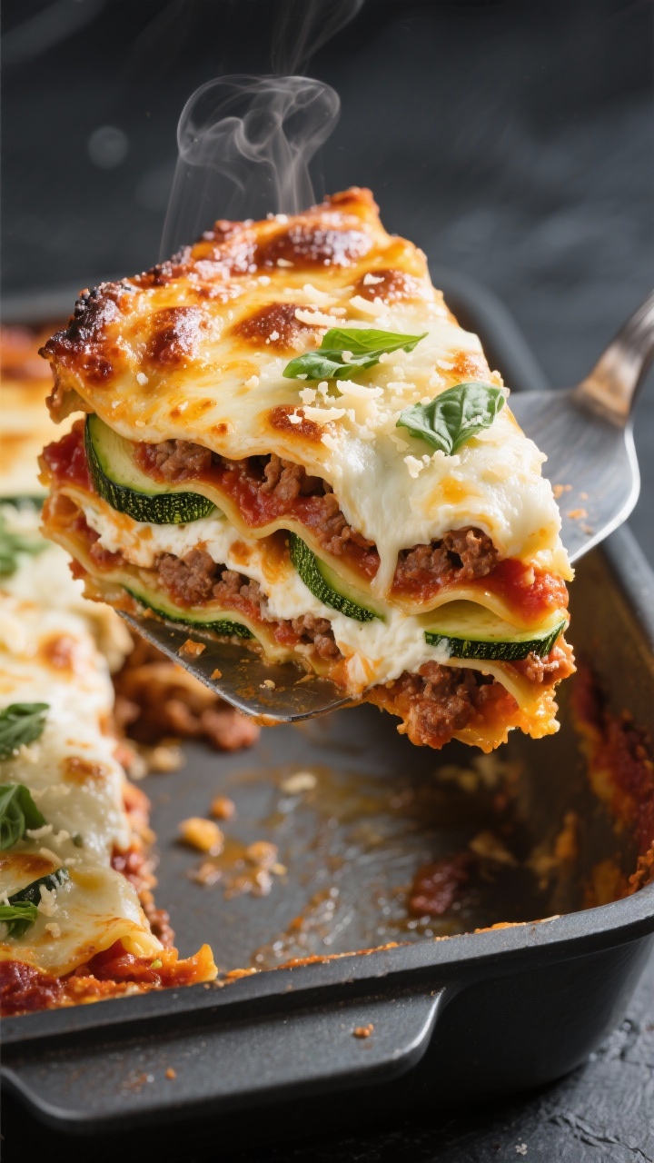 Close-up detail: A freshly baked slice of low-carb zucchini lasagna casserole just lifted from the p