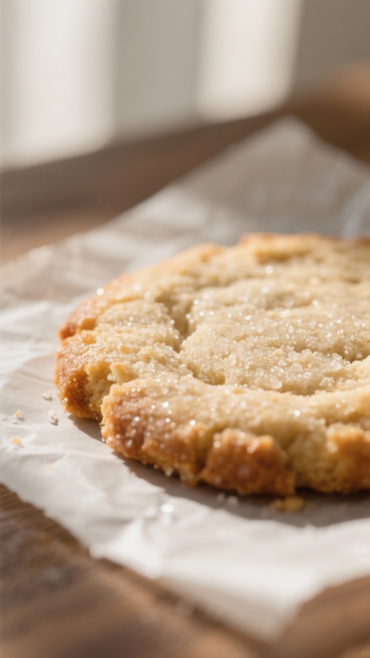 Close-up detail: A freshly baked vegan almond flour sugar cookie still on parchment, edges lightly g