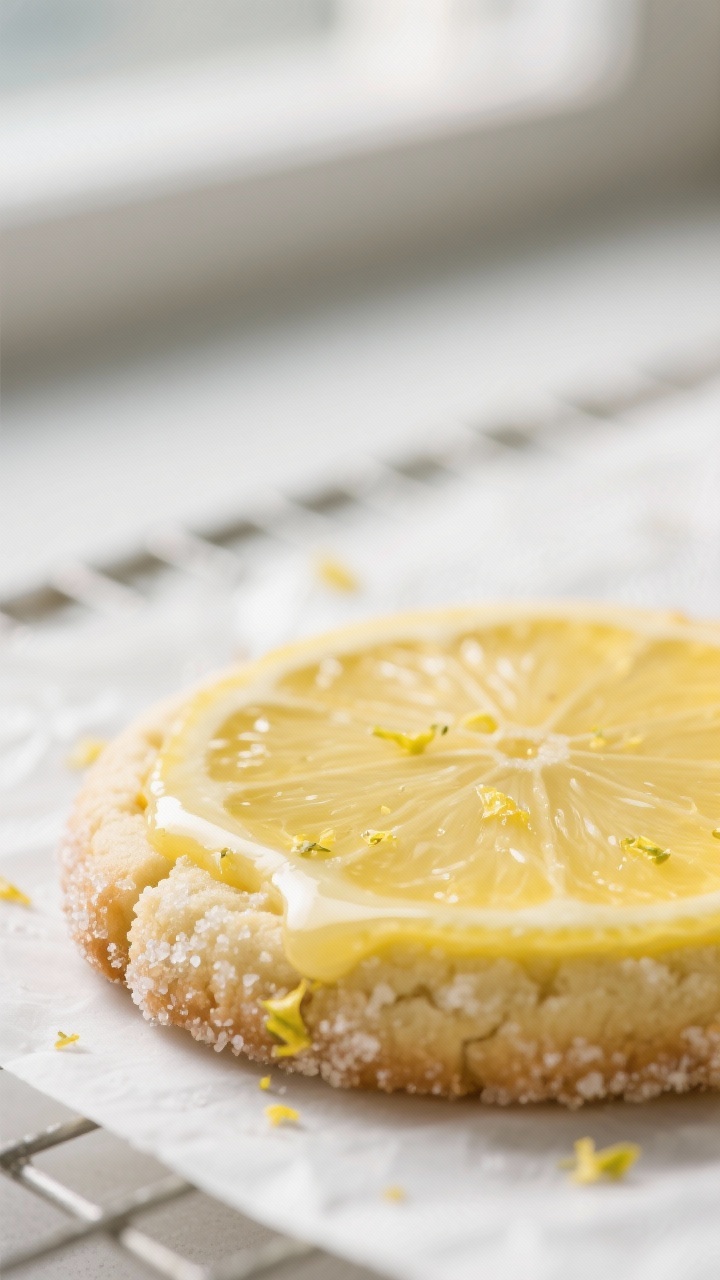 Close-up detail: A freshly baked vegan lemon sugar cookie with a glossy, set lemon glaze pooling sof