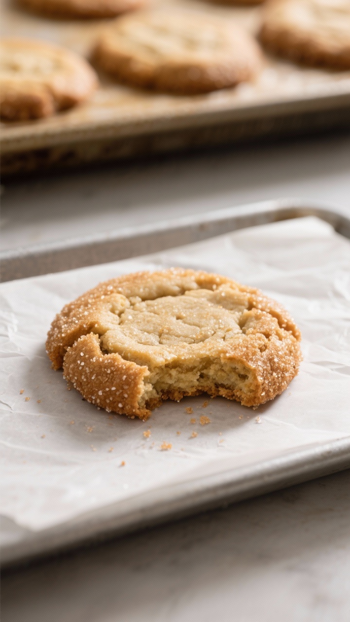 Close-up detail: A freshly baked vegan sugar cookie just off the tray with soft, slightly underbaked