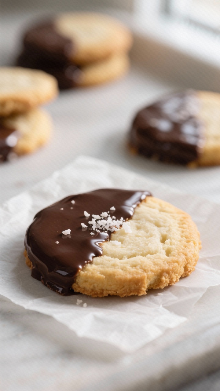 Close-up detail: A freshly baked vegan sugar cookie half-dipped in glossy dark chocolate, set on par
