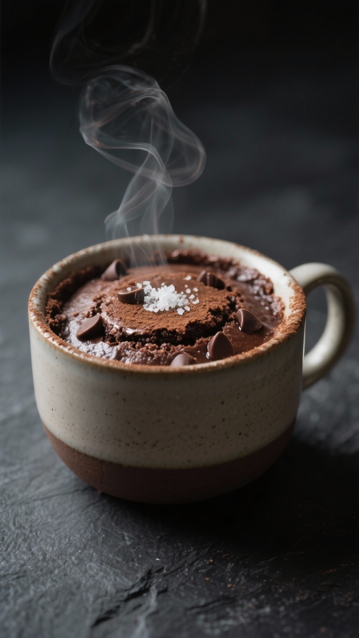 Close-up detail: A freshly microwaved keto chocolate mug cake in a wide ceramic mug, surface just se